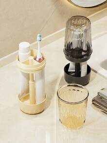 Multi-Function Plastic Toothbrush And Rinse Cup Holder Set - Freestanding, Non-Electric, Dust-Proof Bathroom Storage Rack With Adjustable Holder And Inverted Cup Design, Suitable For Home And Dorm Use
