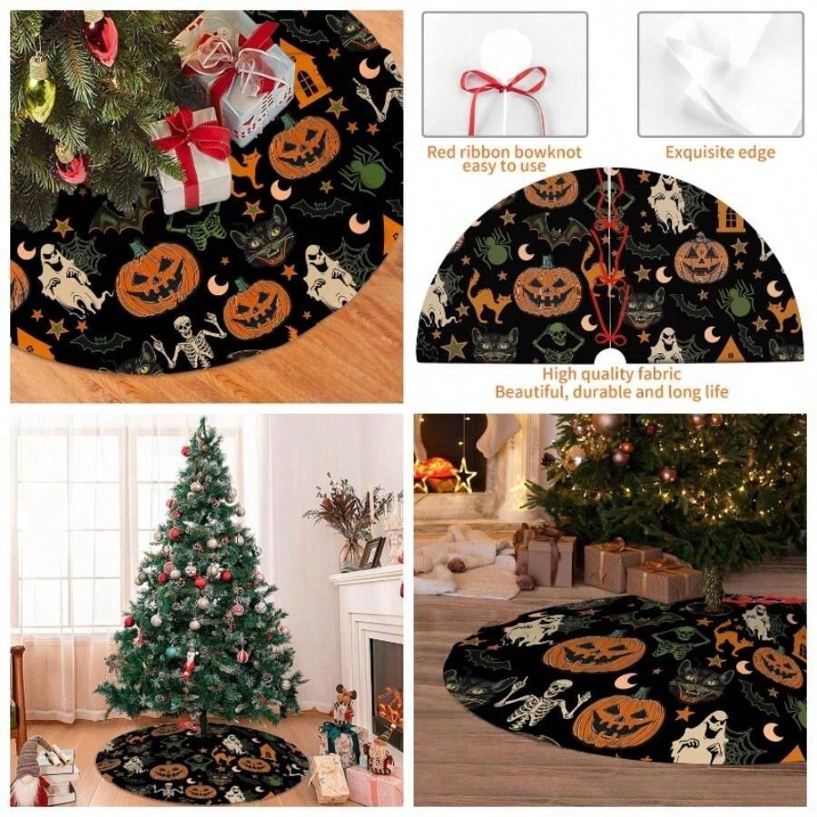 Halloween Tree Skirt 36Inch Pumpkins Ghosts Halloween Tree Decorations Skulls Spider Black Tree Skirt Fall Holiday Party Home Decor