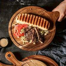 Acacia Wood Cutting Board With Handle Round Acacia Wood Cutting Board Flower-Shaped Acacia Wood Tray American-Style Wooden Steak Plate/Dinner Plate/Pizza Board Wooden Tray For Meat, Cheese, Bread, Vegetables And Fruits Home & Dorm Chopping Board Kitchen & Dorm Supplies