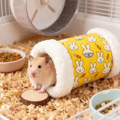 1pc Cartoon Print Thermal Lined Thick Golden Hamster Guinea Pig Hamster Warm Tunnel Hideaway House, Small Pet Autumn/Winter Windproof Insulated Hanging Bed Tunnel Suitable For Small Pets