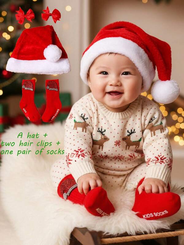 1 chapéu de Natal para bebê, 2 grampos de cabelo de borboleta, 1 par de meias de Natal, unissex antiderrapante e quente, adequado para festas de fim de ano