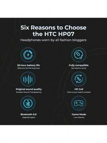 HTC HP07 On-Ear Headphones Intelligent Active Noise Cancelling Technology Focused Listening In Noisy Environments One-Touch Transparency Mode Comfortable In-Ear Comfort And Long-Lasting Battery Life Black