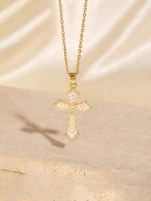 1pc Fashionable European & American Style Cross Pendant Necklace, Stainless Steel Chain Delicate Choker Necklace, Gold Chain, Cute Pink Zirconia Inlaid, Personalized Creative Everyday Wear, Holiday Party Gift