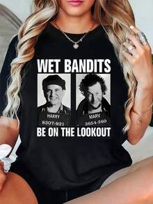 Camiseta de manga corta y cuello redondo "Be On The Lookout" de Wet Bandits, 100 % algodón, para mujer, cómoda y suave, para vacaciones de verano. - Negro - Ver 1