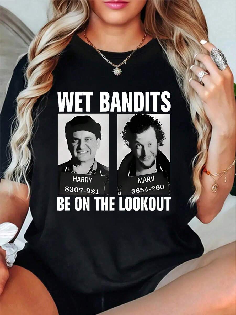 Camiseta de manga corta y cuello redondo "Be On The Lookout" de Wet Bandits, 100 % algodón, para mujer, cómoda y suave, para vacaciones de verano. - Negro - Ver 1