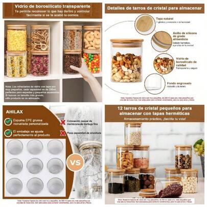 Juego de 12 Recipientes Hermticos de Cristal con Tapa, Tarros de Vidrio para Almacenamiento Contenedor de Vidrio para Organizacin Cocina, Frascos para Almacenar Caf T Azcar Especias, 200ml