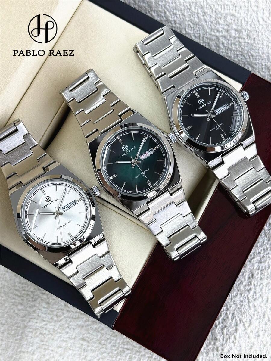 Pablo Raez 1件男士手錶，原創迷人男士腕錶，不鏽鋼材質，商務奢華，附日期與星期顯示，知名品牌，全新啞光實心金屬鋼帶，IPS銀色電鍍工藝，漸層綠、黑、白配色，50米防水，極簡男士鋼製休閒時尚石英錶，夜光指針，真實刻度，黑白配色，高端商務腕錶，適合日常佩戴，教師節禮物，送給父親或男性朋友的禮物，畢業典禮婚禮禮物