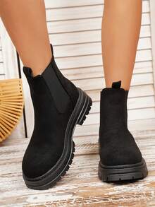 Women's Fashion New Solid Color Thick Sole Non-Slip Slip-On Ankle Boots, For Autumn/Winter - Black - View 4