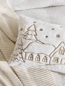 1 pièce Housse de coussin décorative de Noël en fausse fourrure avec motif de maison et sapin de Noël brodé, convient pour la décoration intérieure, housse de coussin décorative de Noël, insert de coussin non inclus