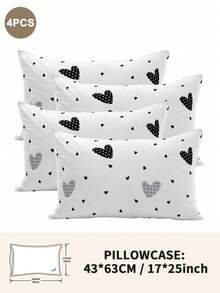 1pc/2pcs/4pcs Black And White Heart Pattern Pillow Cover Set (Pillow Inner Not Included), Soft & Comfortable, Suitable For All Seasons