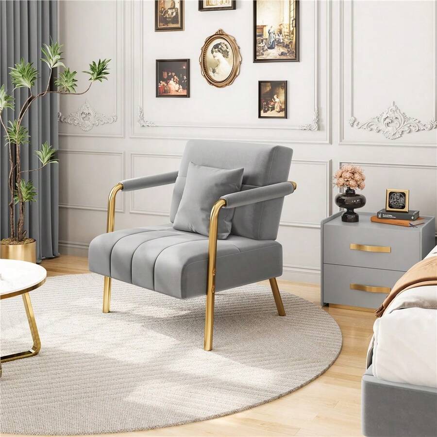 Butterslay 1pc Upholstered Accent Chair Modern Velvet Chair With Golden Metal Legs & Cozy Pillow, Leisure Arm Chair For Home Office - 淺灰色 - 查看 1