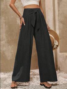 Women's Casual High Waist Wide Leg Pants, Solid Color, Soft Fabric, Elastic Waistband - màu đen - Xem 3