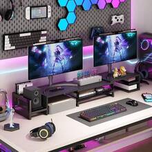 Base para Monitor de Computadora Escritorio Doble, Soporte para Monitor Escritorio Computadora 2 Niveles, Estante Monitor Ángulo y Longitud Ajustable, Accesorios para Escritorio Oficina, Hogar - Rectángulo-negro - Ver 5