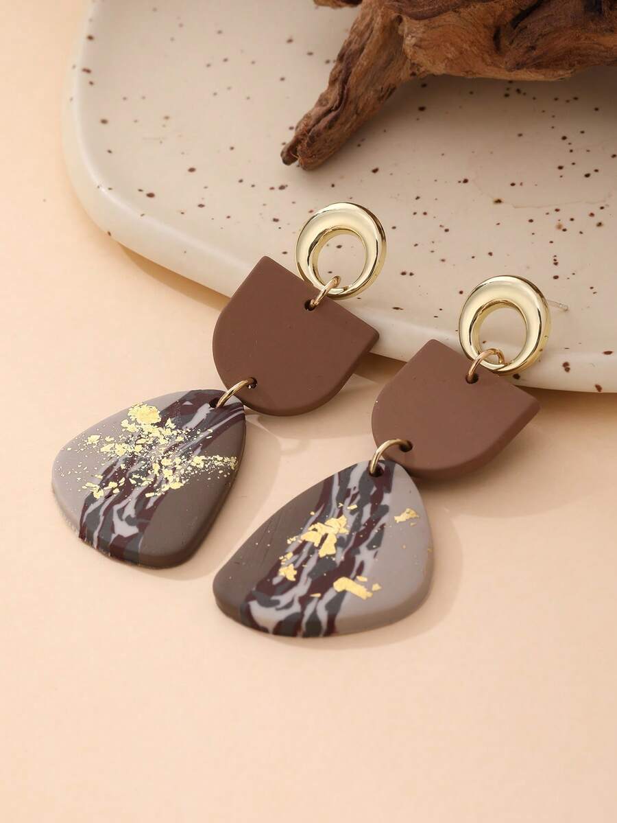 1 Pair Handmade Geometric Bicolor Gold Foil Pendant Earrings, Fashionable & Versatile For Women, Suitable For Vacation And Daily Wear - Coffee Brown - View 1