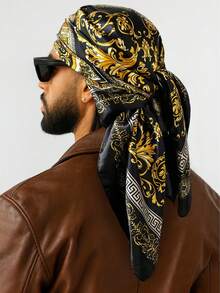 1条90厘米宽黑色金巴洛克印花缎面方巾，大号头巾，适合嘻哈、街头服饰，是生日、节日、派对、旅行、街头时尚的理想礼物 - 彩色 - 查看 6