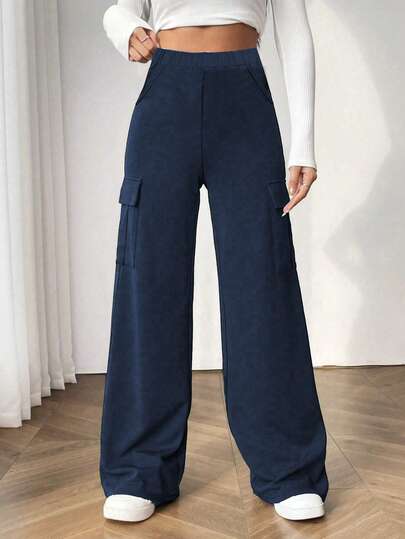 青少年女孩 1 条休闲宽松直筒多口袋工装裤，适合运动和户外，春夏秋冬