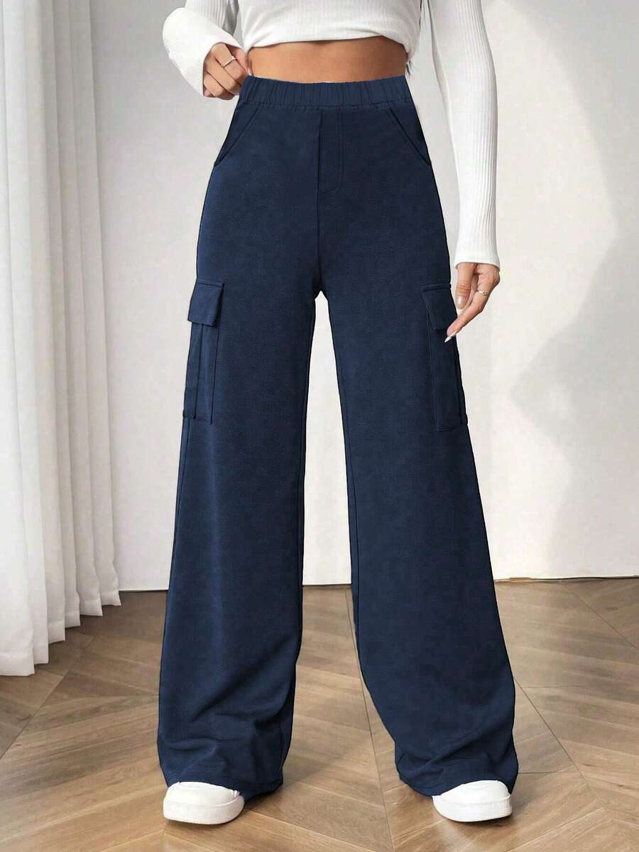 Teen Girl 1pc Casual Loose Straight Leg Multi Pocket Cargo Pants, Suitable For Exercise And Outdoor, Spring/Summer/Autumn/Winter - Navy Blue - View 1