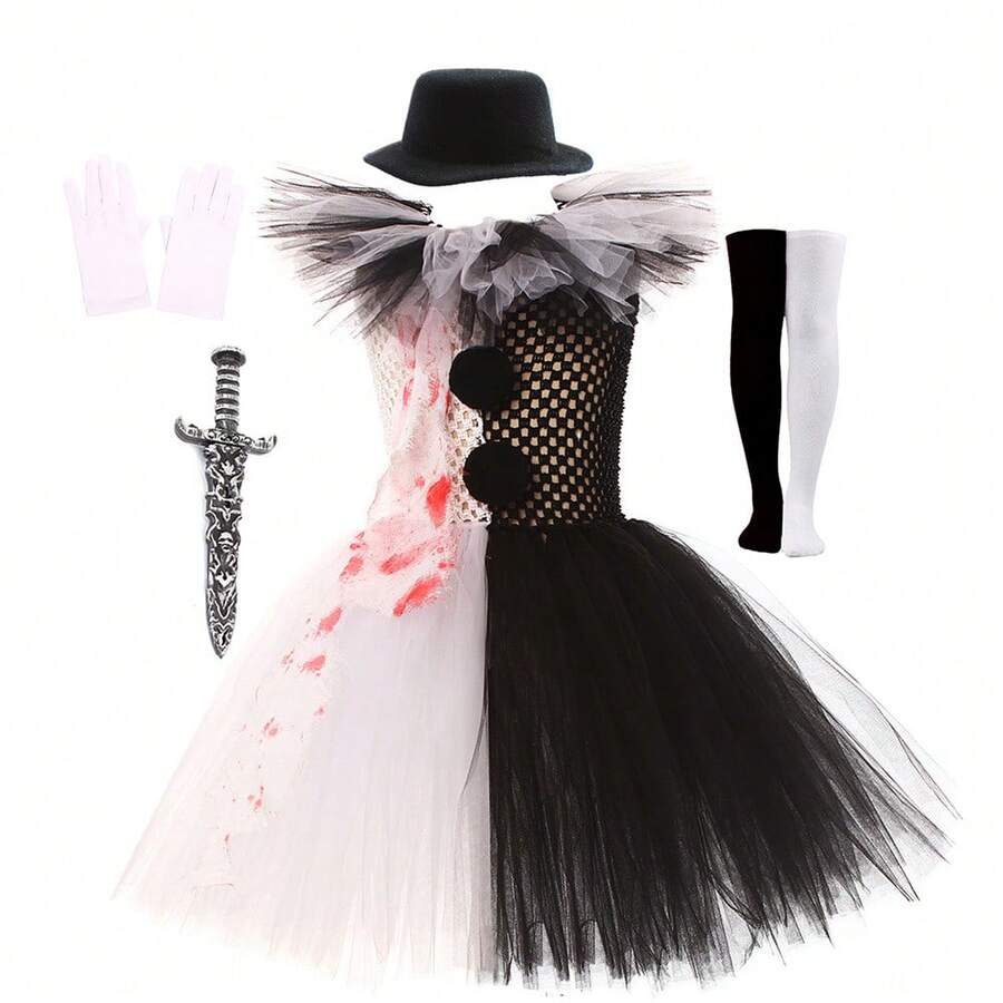 Costume da clown horror per bambini, vestito da ragazza per Halloween, costume da clown per giochi di ruolo, gonna da balletto (3-12 anni)