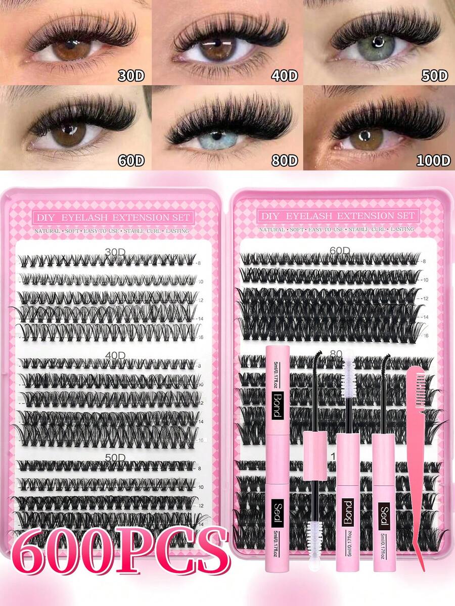 600pcs Mixed 30D+40D+50D+60D+80D+100D Eyelash Extension Kit, DIY Eyelash Extension Set, Individual Lash Cluster, D Curl Eyelash Extension Kit, Includes Adhesive, Sealant And Eyelash Extension Tools, Suitable For Daily Use, Parties, Travel Or As Gifts For Family And Friends - 黑色 - 查看 1