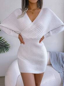 Women's White Wrap V Neck Knit Dress Long Sleeve Bodycon Mini Dress - Perfect For Valentine's Day & Spring Outfits - 白色 - 查看 7