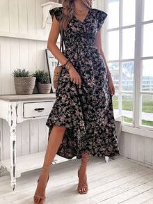 Women's A-Line Summer Dress, Ruffled Sleeves, V-Neck, Floral Print, Elastic Waist - 黑色 - 查看 7