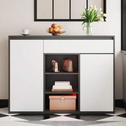 Modern 2-Door Shoe Cabinet With Drawer: Adjustable Shelves For 12-17 Pairs Of Shoes, Black And White Storage For Hallway And Entrance Area