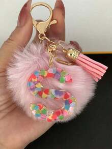 1 Pc Alphabet Initial Letter Keychain Cute Plush Pom Key Chain Ring Bag Backpack Charm Car Hanging Pendant Women Girls Gift,Cute Sequins Resin Key Chain,Wallet And Handbag Accessories, Keychain With Tassels,Alphabet Initial Letter A-Y School - 粉色 - 查看 11