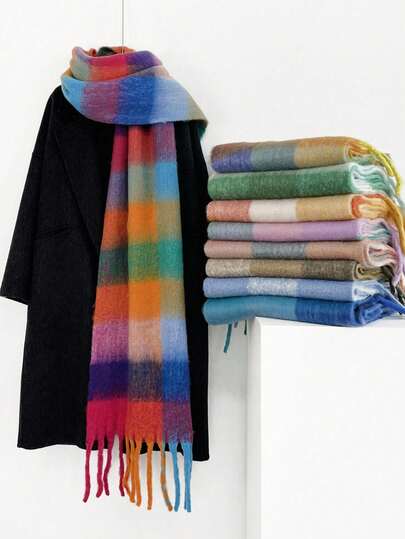 1 件女士时尚彩色格子围巾，温暖厚实的马海毛混纺围巾/披肩，冬季百搭