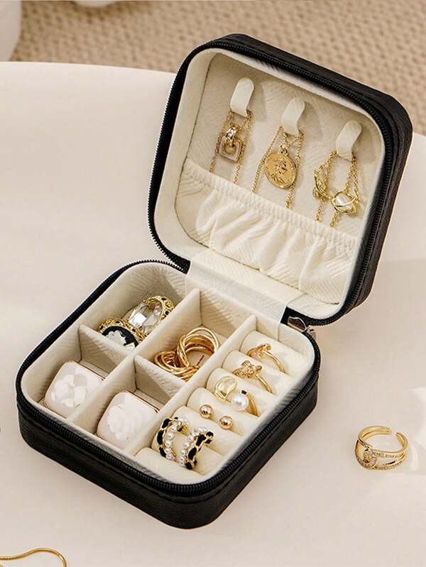 1pc PU Jewelry Storage Box, Portable Jewelry Box, Dresser Organizer Box, Summer Travel Jewelry Box, Portable Multi-Compartment Travel Jewelry Display Box, Gift Organizer Box, Simple Flip-Top, Waterproof Large Capacity, Suitable For Rings, Necklaces, Earrings, Watches, Lipsticks And Other Jewelry Storage