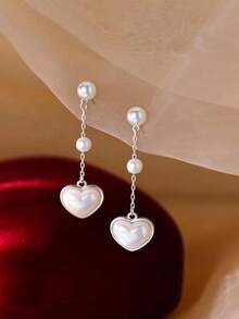 Faux Pearl Decor Heart Drop Earrings Valentines,Mom,Mother,Mother's Day,Gift - Bạc - Xem 5