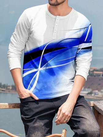 大码男士渐变色设计长袖秋冬圆领纽扣 Polo 衫男士运动高弹力亨利衫