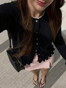 Knit Mix 优雅女士开衫，厚针织毛衣外套，浪漫法式风格，适合圣诞节和新年穿着，可爱圆领套头衫，黑色 - 黑色 - 查看 9
