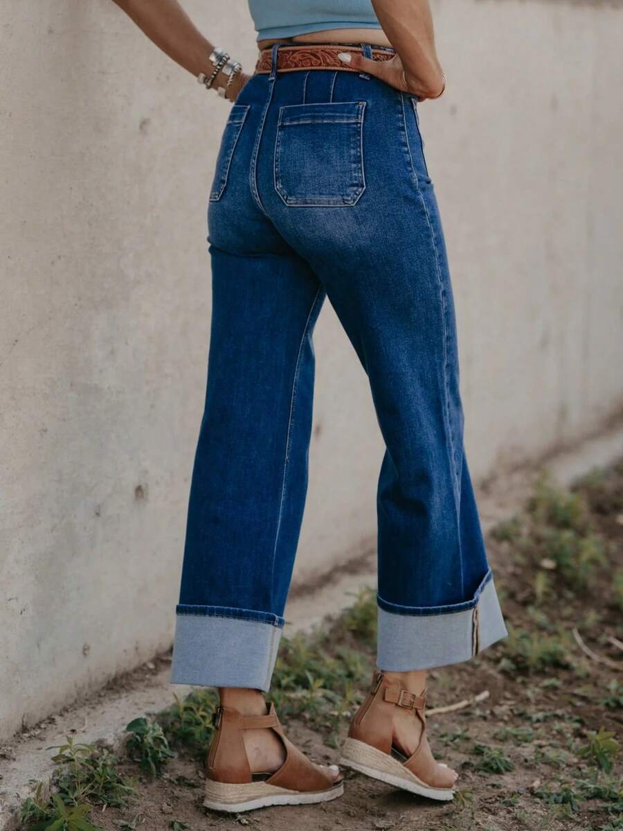 Quần jeans ống đứng ARWY Casual Elegant Gradient Denim với túi, khóa kéo và cúc, co giãn, đa năng cho mặc hàng ngày, đi nghỉ mát, du lịch, ngày Quốc khánh, đi học, lễ hội, mọi mùa xuân. - Rửa tối - Xem 1