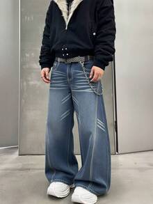 Vintage Men's Jeans, Versatile High-End Youthful Street Style Casual Washed Denim Unique Pocket Design Loose Straight Leg Pants, Suitable For All Seasons