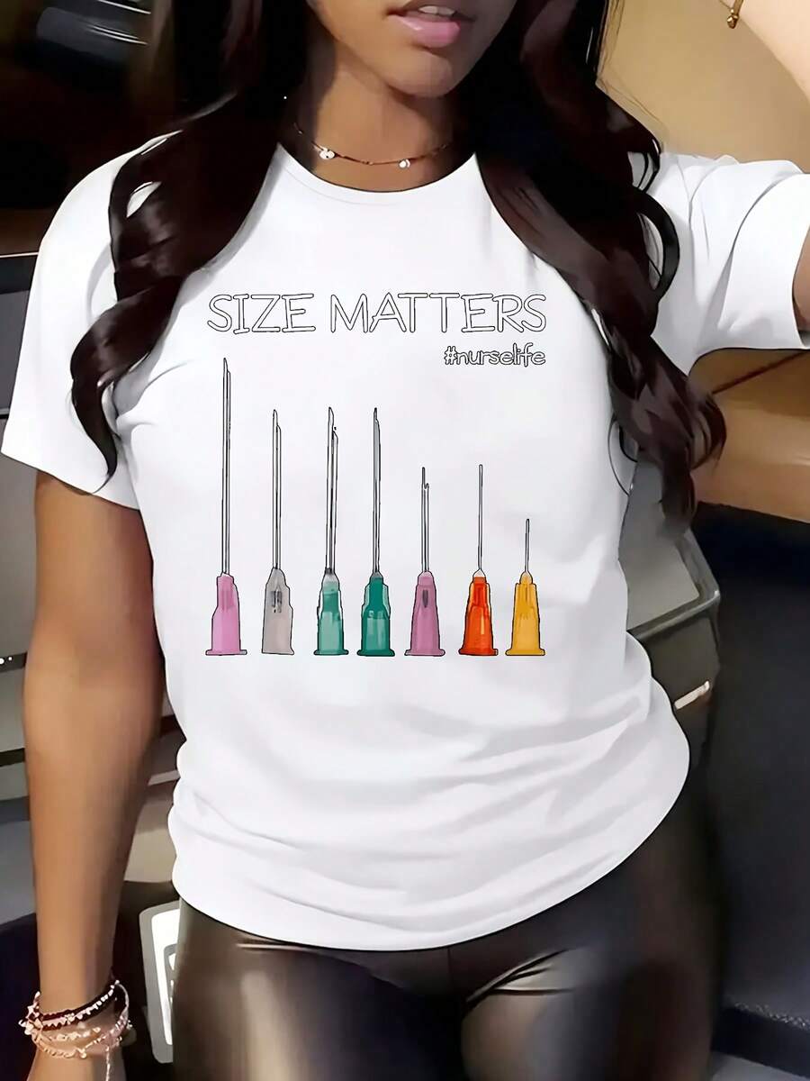 Women's Round Neck T-Shirt With Size Matters Print & Colorful Dildos Design, Short Sleeve Casual Tee For Everyday Wear, Humor Fashion Statement Top For Women, Perfect For Parties, Gifts, Or Fun Outings - 白色 - 查看 1