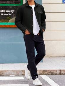 Mens Corduroy Button Down Jacket Casual Long Sleeve Shirts Ribbed Lightweight Shacket Jacket With Flap Pockethalloween - 棕色 - 查看 5