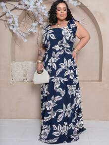 Plus Size Long Dress With Ruffle On The Shoulder - Navy Blue Estam. - View 3