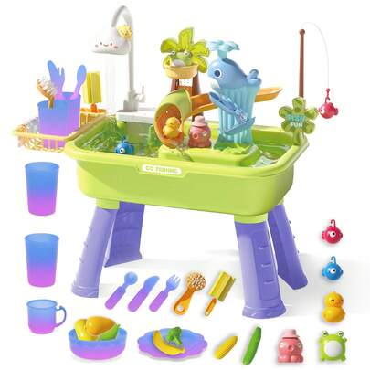 Beach Table & Simulation Kitchen Sink 2-In-1 Toy Set With Color-Changing Tableware