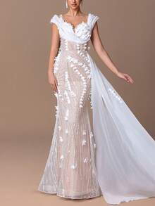 女士奢华不对称领口喇叭形礼服，搭配飘逸雪纺披肩和精致珠绣，修身晚礼服，搭配幻觉网眼紧身胸衣和美人鱼尾下摆，是婚礼派对、慈善舞会、庆典活动、周年庆典的优雅正式服装 - 白色 - 查看 3