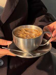 1pc Retro American Style 304 Stainless Steel Coffee Cup & Saucer Set, European Industrial Metal Cup For Latte, Afternoon Tea