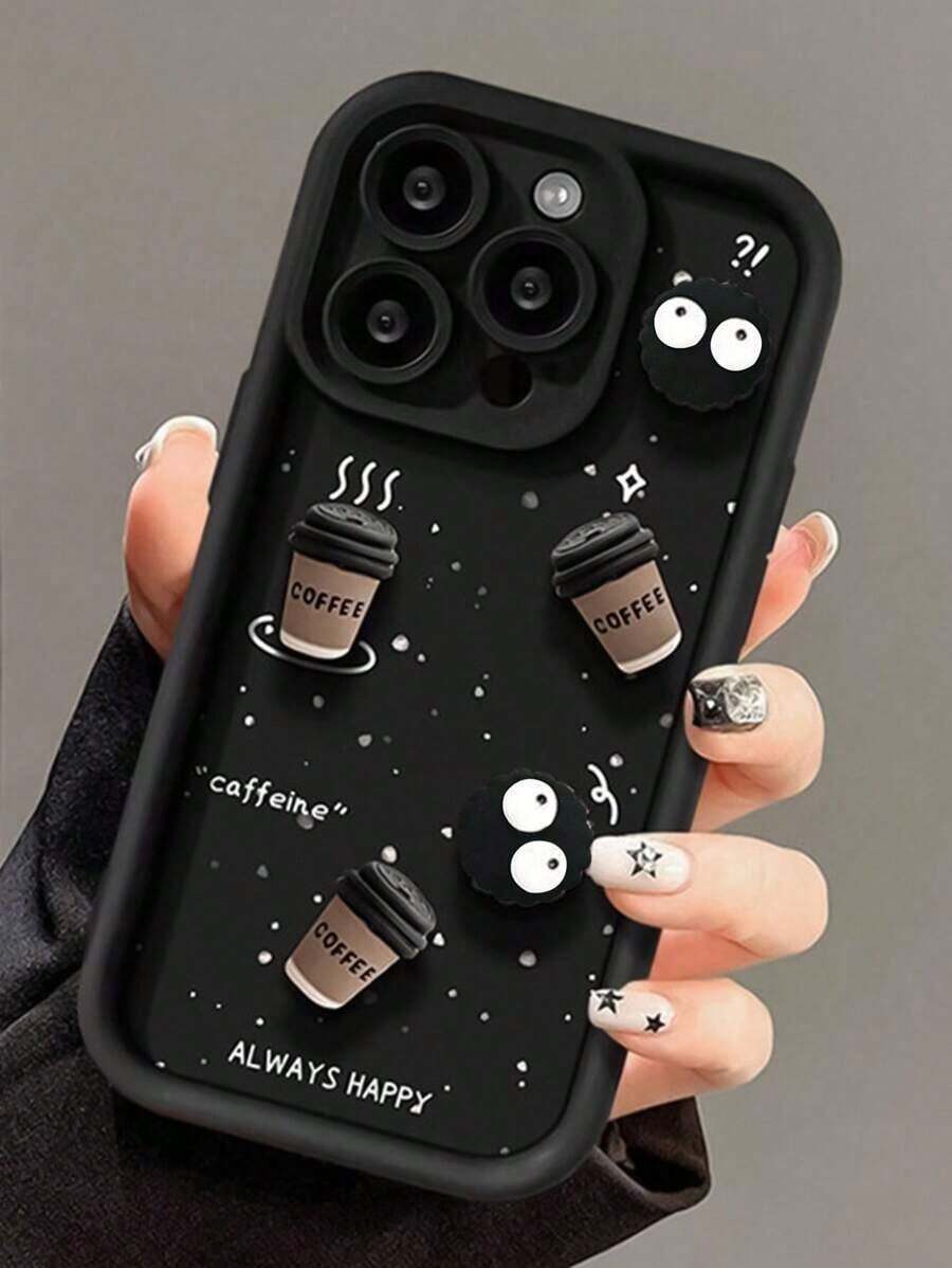 Carbon Black Phone Case With 3D Coffee Cookie And Charcoal Doll Design, Compatible With IPhone 12/13/14/15/16/11/7/8/7Plus/8Plus/XS/X/XR/XSMax/11Pro/11Pro Max/12Pro/12Pro Max/13Pro/13Pro Max/14Pro/14Plus/14Pro Max/15Pro/15Plus/16Pro/16Plus/16Pro Max Waterproof Shockproof Anti-Fall Scratch Resistant - Kiểu 1 (1 cái) - Xem 1