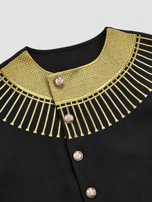 2 件/套，2025 新款男士 Dashiki，精致的金色刺绣，经典的黑金撞色，优雅的风格，长袖，圆领，纽扣式，松紧腰裤，非洲服装，男士休闲衬衫和裤子两件套，街头服饰，派对，约会，婚礼，日常穿着，文化活动，传统仪式 - 黑色 - 查看 7