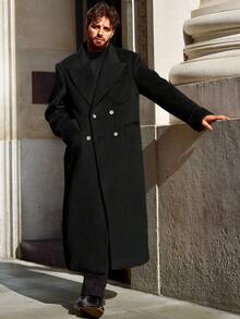 Mens Wool Blend Pea Coat Notched Collar Double Breasted Long Jacket Trench Coats Classic Winter Overcoat - 黑色 - 查看 3