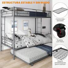 FABATO Litera Base Cama Individual - Base de Cama Individual de Metal 3 en 1 - Convierte en 2 Camas Individuales para Recamaraás Cama Canguro Individual con Ruedas (Gris) - gris - Ver 3