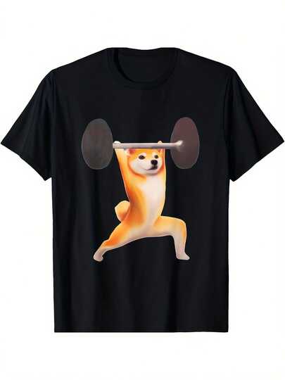 メンズ ブラック 100% コットン T シャツ、遊び心のある柴犬のウェイトリフティンググラフィック - リラックスフィット カジュアル 半袖 T シャツ、カジュアルな服装やギフトに最適、ギフトアイデア、ユーモラスなプリント、柔軟な生地、楽しいプリント、通気性のある素材、プリントシャツ、ジム愛好家向け