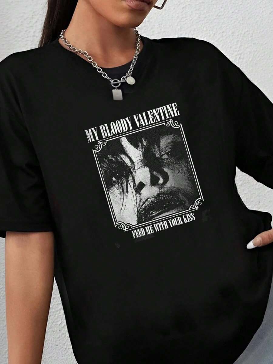 180g pure Cotton Vintage 80s My Bloody Valentine Band Feed Me With Your Kiss T-shirt Women Top Graphic Tees streetwear Comfortable Breathable designer clothes Print Round Neck Short Sleeve Casual T-Shirt For Women Casual fashion Versatile graphic Summer Unisex Soft - Negro - Ver 1