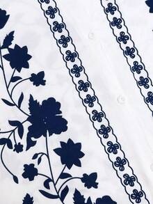 Set Piyama Pria Motif Bunga - Kemeja Lengan Pendek Berkerah dengan Saku dan Celana Pendek Tali Serut, Hadiah Ulang Tahun untuk Pacar, Kain Rajut, Pakaian Rumahan untuk Liburan Pantai Musim Semi dan Musim Panas, Set 2 Potong - Blue and White - View 6