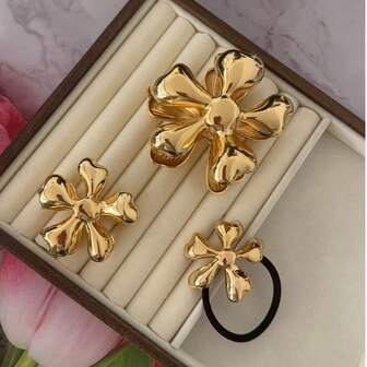 1pc/3pcs Bohemian Metal Hair Tie, Gold Geometric Elastic Hair Scrunchies, Ponytail Holders, Gold Flower Hair Claw Clips, Gold Hair Wrap Headpiece Suitable For Thick Hair, Ponytail, Scrunchie ,Hair Rubber Bands ,Hair Rope Head Woman Accessories