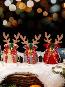 3 buc Pungi de cadouri de Crăciun, Pungi Tote, Pungă de corn de cerb de Crăciun, Pungi decorative pentru bomboane de Crăciun, Consumabile de decorațiuni pentru petreceri de nuntă din catifea, Pungi unice pentru favoruri de sărbători, Geantă de depozitare cu șnur