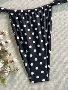 Bộ bikini cỡ lớn cổ chữ V sâu, chất liệu co giãn cao, họa tiết chấm bi đen trắng, đồ bơi thường ngày cho nữ, thích hợp đi nghỉ mát, đi biển mùa hè. - màu đen - Xem 4